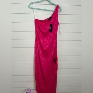 Chasing Desire Hot Pink Satin Jacquard One-Shoulder Maxi Dress from Lulu’s